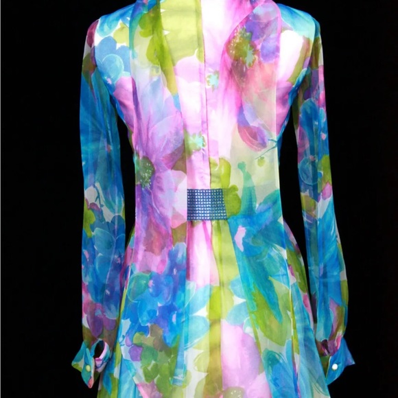 Vtg 60s 70s Boho Hippie Blue Floral Chiffon dress PROM Wedding Party Jack Bryan - Picture 6 of 7